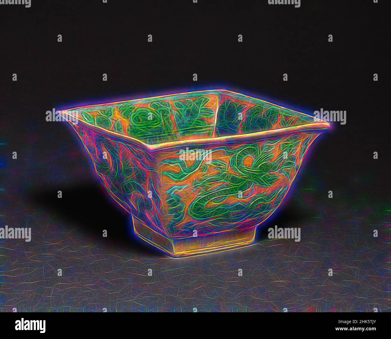 Inspiriert von Square Bowl mit Design of Dragons midden Clouds, Symbols of Longevity und Shou Character, Chinese, Ming-Dynastie, 1368–1644, Jiajing-Zeit, 1522–1566, Mitte des 16th. Jahrhunderts, Porzellan mit eingeschnittener und überglasurter polychromer Emaille-Verzierung und kobaltblauem Unterglasur-Reign-Zeichen, Made in, Reimagined by Artotop. Klassische Kunst neu erfunden mit einem modernen Twist. Design von warmen fröhlichen Leuchten der Helligkeit und Lichtstrahl Strahlkraft. Fotografie inspiriert von Surrealismus und Futurismus, umarmt dynamische Energie der modernen Technologie, Bewegung, Geschwindigkeit und Kultur zu revolutionieren Stockfoto