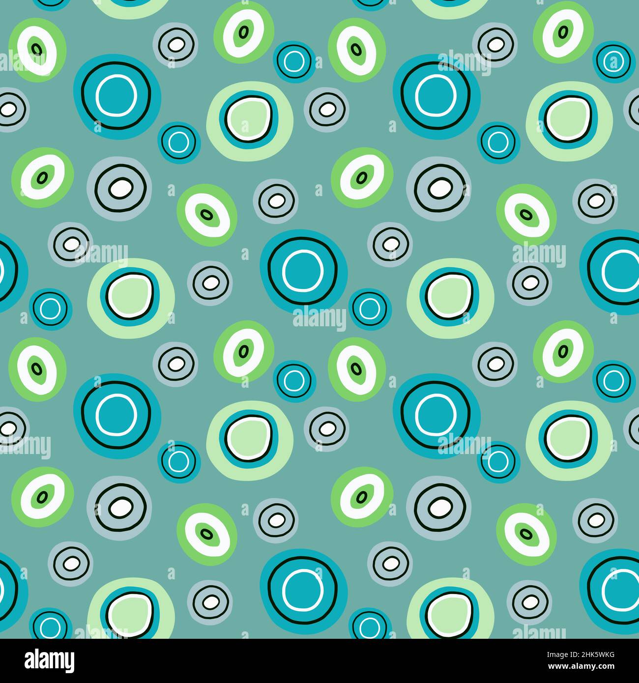 Kreise nahtloses Muster auf grünem Hintergrund. Handgezeichneter Doodle-Style-Vektor. Stock Vektor