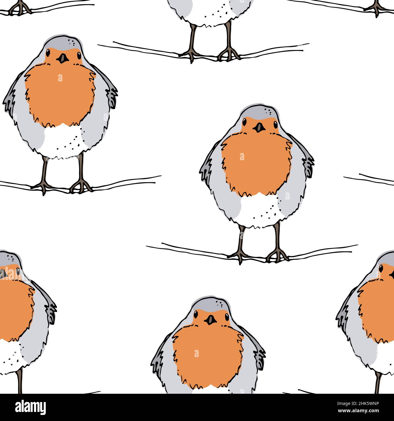 Robin Vogel handgezeichneten Vektor nahtlose Muster, die europäische Rotkehlchen farbige Illustration, isoliert auf weißem Hintergrund Stock Vektor