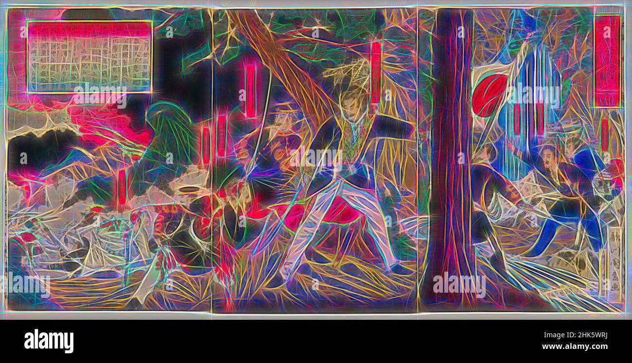 Inspiriert von Berichten über den koreanischen Vorfall: Gewalttätige Schlacht der Aufständischen, Utagawa Kunimatsu, Japanisch, 1855–1944, Meiji-Periode, 1868–1912, Miyazawa Masatarō, japanisch, aktiv Ende des 19th. Jahrhunderts, 1882, Triptychon von Farbholzschnitten, hergestellt in Tokio, Japan, Asien, Triptychon als montiert: 13, neu erfunden von Artotop. Klassische Kunst neu erfunden mit einem modernen Twist. Design von warmen fröhlichen Leuchten der Helligkeit und Lichtstrahl Strahlkraft. Fotografie inspiriert von Surrealismus und Futurismus, umarmt dynamische Energie der modernen Technologie, Bewegung, Geschwindigkeit und Kultur zu revolutionieren Stockfoto
