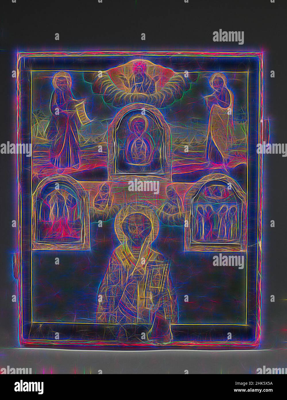 Inspiriert von St. Nikolaus, Russisch, Ende 18th–Anfang 19th Jahrhundert, Tempera auf Holz und Metall, Nowgorod, Nowgorodskaja Oblast', Russland, Europa, Gemälde, 15 3/8 x 13 Zoll (39,1 x 33 cm, neu erfunden von Artotop. Klassische Kunst neu erfunden mit einem modernen Twist. Design von warmen fröhlichen Leuchten der Helligkeit und Lichtstrahl Strahlkraft. Fotografie inspiriert von Surrealismus und Futurismus, umarmt dynamische Energie der modernen Technologie, Bewegung, Geschwindigkeit und Kultur zu revolutionieren Stockfoto