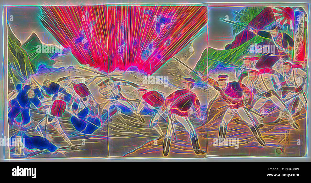 Inspiriert vom Großen Sieg Japans: Niederlage der Qing-Soldaten in der Schlacht von Pjöngjang, Watanabe Nobukazu, Japaner, 1872–1944, Meiji-Zeit, 1868–1912, Hasegawa Sonokichi, japanisch, aktiv Ende 19th–Anfang 20th Jahrhundert, 1894, Triptychon von Farbholzschnitten, hergestellt in Japan, Asien, Drucke, Triptychon, Neu gestaltet von Artotop. Klassische Kunst neu erfunden mit einem modernen Twist. Design von warmen fröhlichen Leuchten der Helligkeit und Lichtstrahl Strahlkraft. Fotografie inspiriert von Surrealismus und Futurismus, umarmt dynamische Energie der modernen Technologie, Bewegung, Geschwindigkeit und Kultur zu revolutionieren Stockfoto