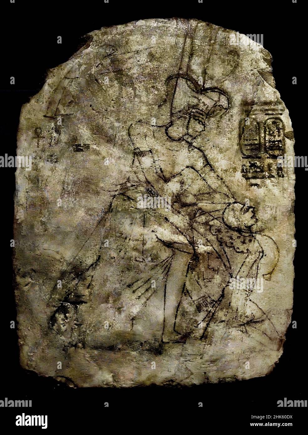 Stela, die Sethy I und einen Wesir darstellt, der Amenhotep I und Ahmose Nefertari anbetend, Stein/Kalkstein, 56 x 75,5 x 14 cm, 1279–1213 v. Chr., New Kingdom, 19th, neunzehnte Dynastie, Ramesses II, Deir el-Medina, Ägypten (Museo Egizio di Torino Italien) Stockfoto
