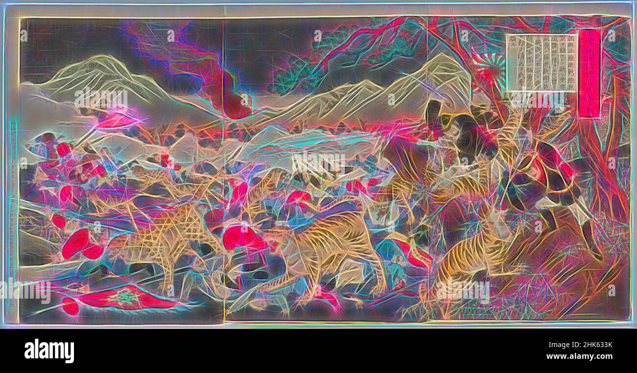 Inspiriert von der heftigen Schlacht in Pjöngjang, in der die chinesische Armee von wilden Tigern angegriffen wird, Utagawa Kunifusa II, Japaner, geboren 1834, Meiji-Zeit, 1868–1912, Ogawa Yoshisaburō, japanisch, aktiv Ende des 19th. Jahrhunderts, 1894, Triptychon von Farbholzschnitten, hergestellt in Tokio, Japan, Asien, Neu gestaltet von Artotop. Klassische Kunst neu erfunden mit einem modernen Twist. Design von warmen fröhlichen Leuchten der Helligkeit und Lichtstrahl Strahlkraft. Fotografie inspiriert von Surrealismus und Futurismus, umarmt dynamische Energie der modernen Technologie, Bewegung, Geschwindigkeit und Kultur zu revolutionieren Stockfoto