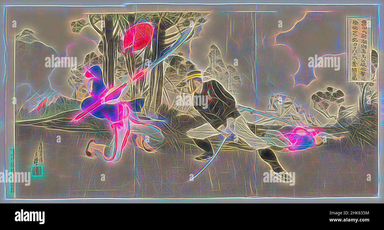 Inspiriert von Captain Kurita, der in The Attack on Magong Fortress in the Pescadore Islands wütend mit seinem berühmten Schwert kämpfte, das von Sukesada geschmiedet wurde, Migita Toshihihide, Japanerin, 1863–1925, Meiji-Zeit, 1868–1912, Matisuno Yonejirō, japanisch, aktiv Ende 19th. Jahrhundert, 1895, Triptychon des Farbholzschnitts, neu erfunden von Artotop. Klassische Kunst neu erfunden mit einem modernen Twist. Design von warmen fröhlichen Leuchten der Helligkeit und Lichtstrahl Strahlkraft. Fotografie inspiriert von Surrealismus und Futurismus, umarmt dynamische Energie der modernen Technologie, Bewegung, Geschwindigkeit und Kultur zu revolutionieren Stockfoto