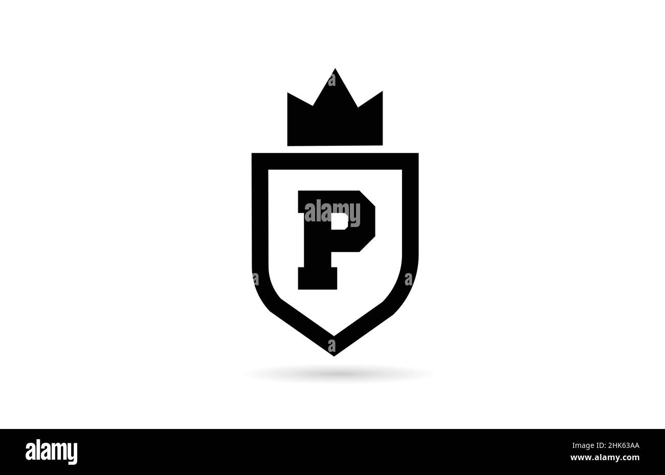 Schwarz-weißes P-Alphabet-Logo-Symbol mit Schild und Königskrone. Kreative Vorlage für Unternehmen und Unternehmen Stock Vektor
