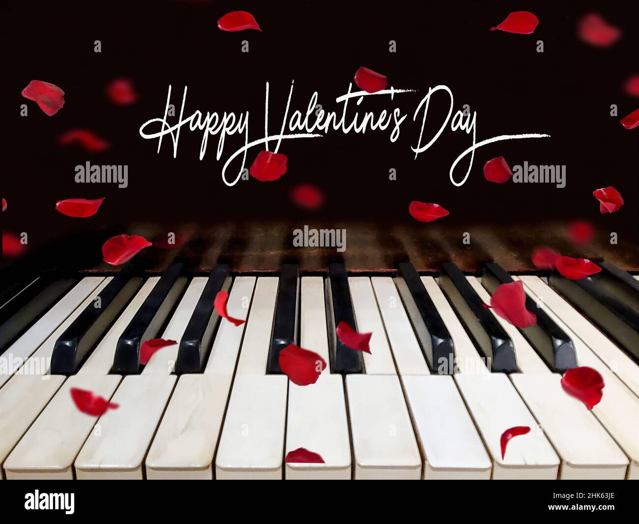 Rote Rosenblätter schweben auf Klaviertasten mit Valentinstag-Text Stockfoto