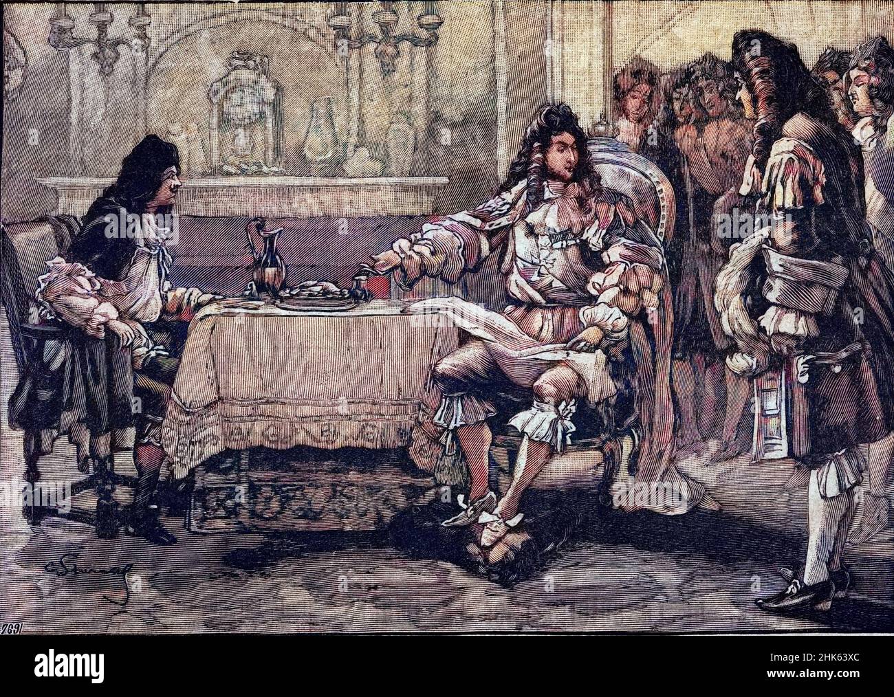 Louis XIV faisant souper Moliere : sous le regard de ses courtisans Louis XIV convie Jean Baptiste Poquelin dit Moliere a sa table pour le Diner. Gravure in 'La Cuisine des familles' de 1905-1908 Stockfoto