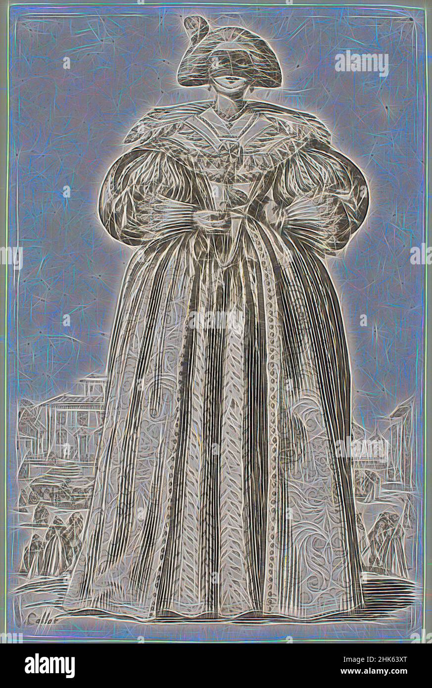 Inspiriert von Masked Lady, aus der Serie „The Adel of Lorraine“, Jacques Callot, französisch, 1592–1635, 1620–23, Radierung auf Büttenpapier, Nancy, Lothringen, Frankreich, Europa, Florenz, Toskana, Italien, Europa, Drucke, Blatt: 5 13/16 x 3 7/8 Zoll (14,8 x 9,8 cm, neu erfunden von Artotop. Klassische Kunst neu erfunden mit einem modernen Twist. Design von warmen fröhlichen Leuchten der Helligkeit und Lichtstrahl Strahlkraft. Fotografie inspiriert von Surrealismus und Futurismus, umarmt dynamische Energie der modernen Technologie, Bewegung, Geschwindigkeit und Kultur zu revolutionieren Stockfoto