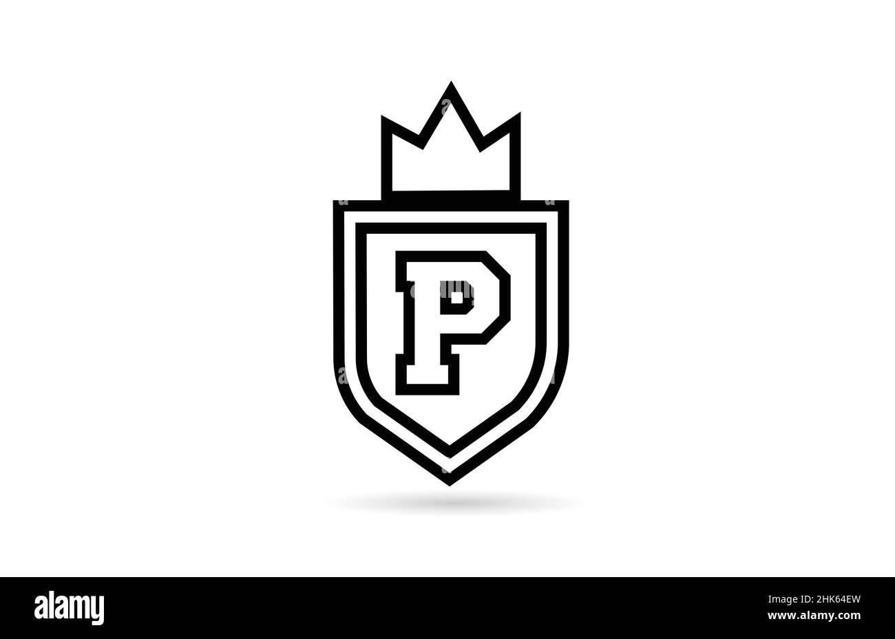 Schwarz-weißes P-Alphabet-Logo-Symbol mit Schild und Königskrone. Kreative Vorlage für Unternehmen und Unternehmen Stock Vektor