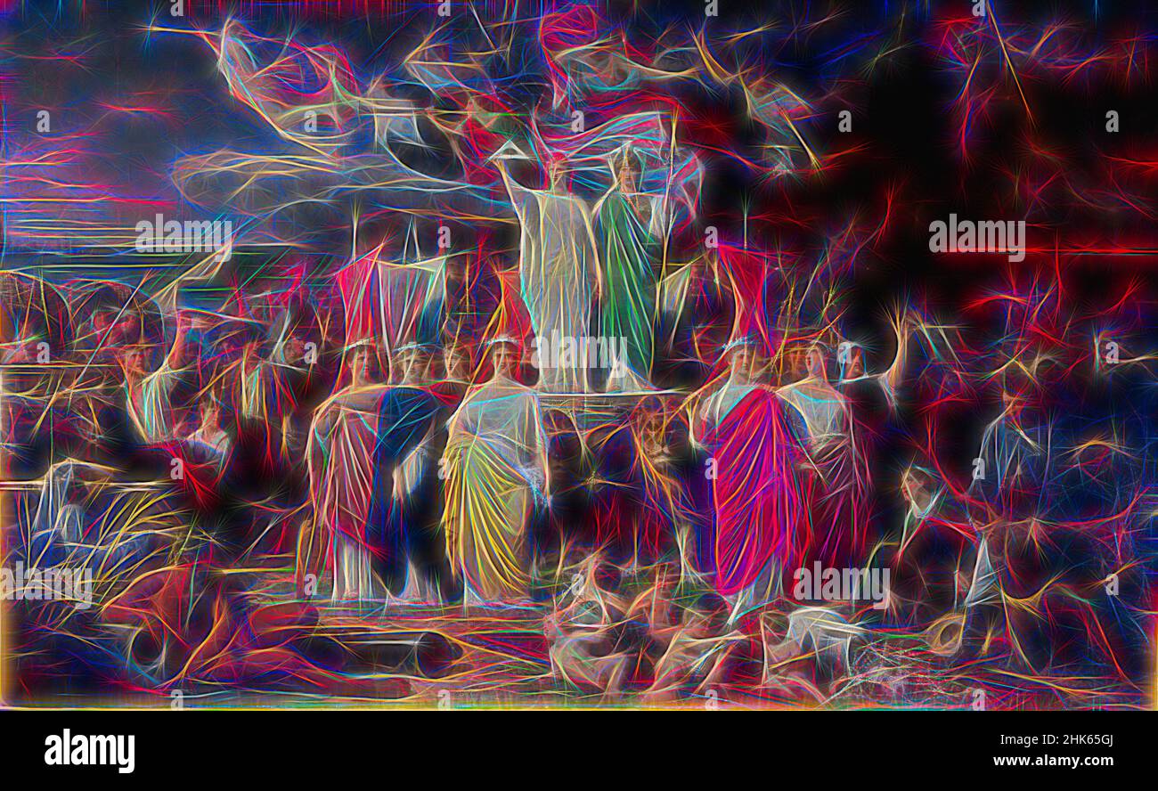 Inspiriert von Genius of America, Adolphe Yvon, Französisch, 1817–1893, c. 1858, Öl auf Leinwand, hergestellt in Paris, Île-de-France, Westeuropa, Frankreich, Europa, Gemälde, 35 3/4 x 59 Zoll (90,8 x 149,9 cm, neu erfunden von Artotop. Klassische Kunst neu erfunden mit einem modernen Twist. Design von warmen fröhlichen Leuchten der Helligkeit und Lichtstrahl Strahlkraft. Fotografie inspiriert von Surrealismus und Futurismus, umarmt dynamische Energie der modernen Technologie, Bewegung, Geschwindigkeit und Kultur zu revolutionieren Stockfoto