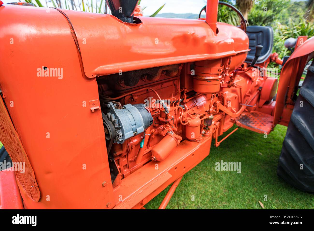 Vintage kleiner roter Traktor am See Stockfoto