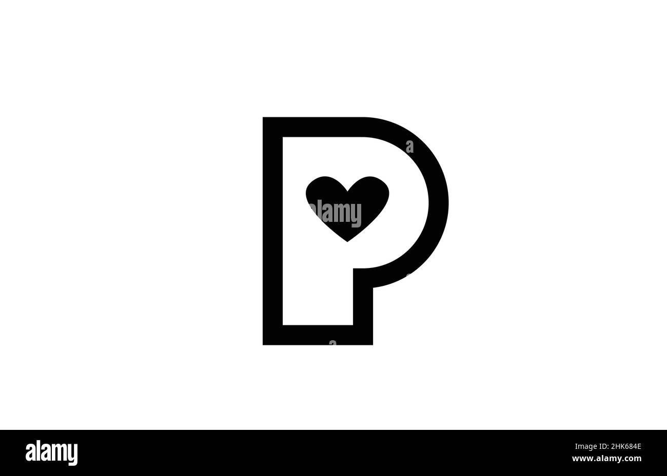 P Love Heart Alphabet Buchstaben Logo-Symbol mit schwarz-weißen Farbe und Linie. Kreatives Design für Unternehmen oder Unternehmen Stock Vektor
