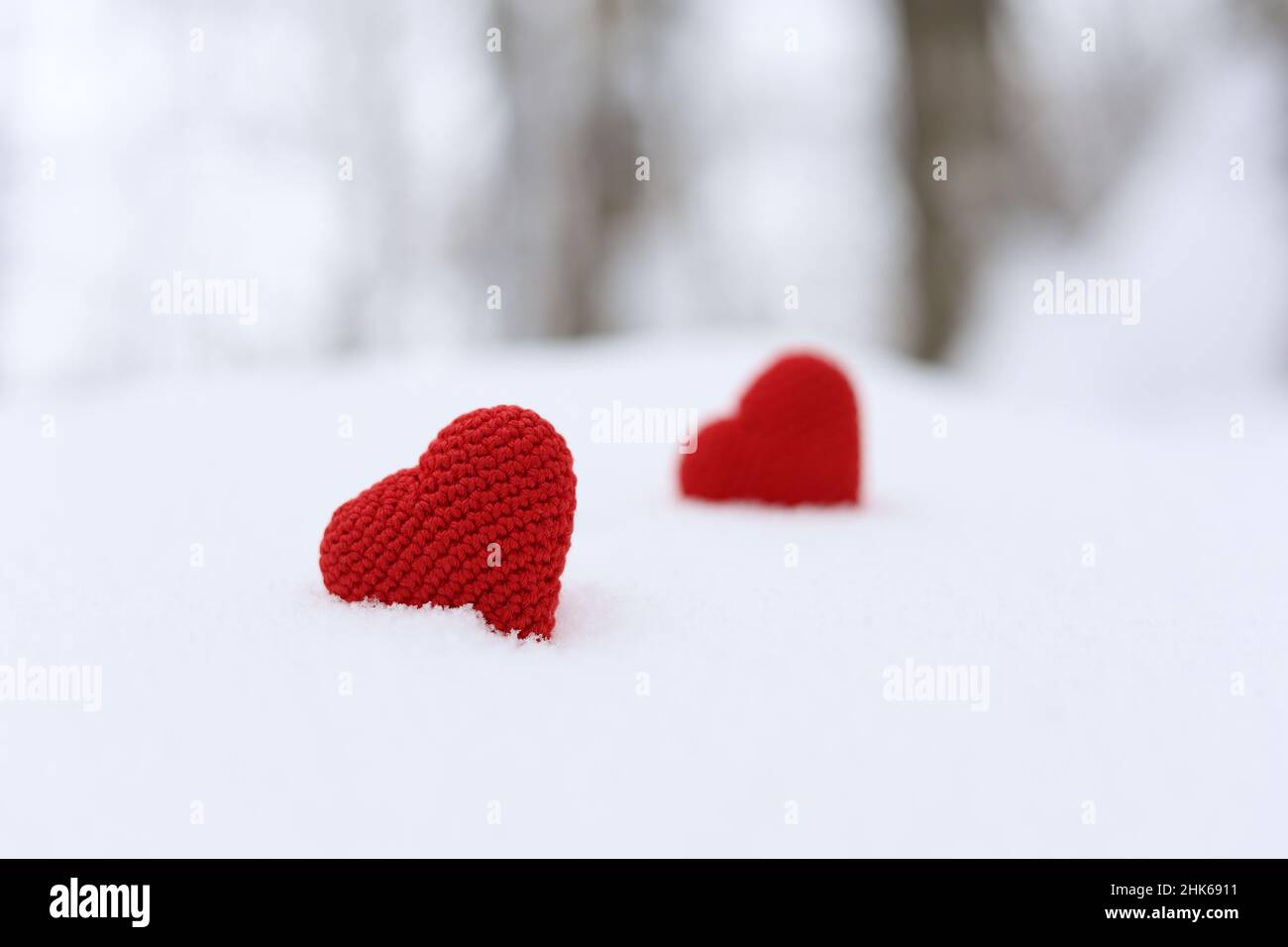 Liebesherzen, Valentinskarte, zwei rote gestrickte Symbole der Leidenschaft im Schnee auf Waldhintergrund. Konzept der romantischen Veranstaltung Stockfoto
