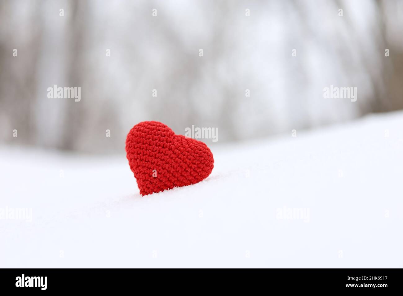 Liebesherz, Valentinskarte, rot gestricktes Symbol der Leidenschaft im Schnee auf Waldhintergrund. Konzept für romantische Veranstaltungen, Feiern oder Winterwetter Stockfoto