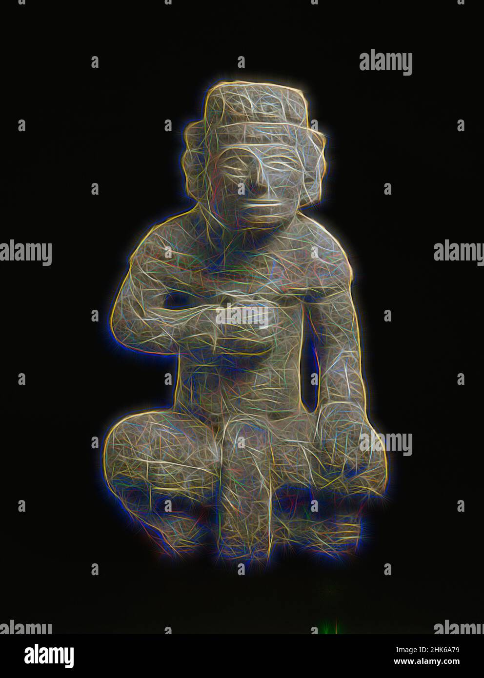 Inspiriert von sitzender Figur mit Tenon, Maya, frühe Postclassic Periode, 909–1200, ca. 1000–1100, Stein, Gips und Pigment, Bundesstaat Yucatán, Mexiko, Nord- und Mittelamerika, Chichén Itzá, Skulptur, Stein und Mineral, 25 x 14 15/16 x 16 15/16 Zoll (63,5 x 38 x 43 cm, neu erfunden von Artotop. Klassische Kunst neu erfunden mit einem modernen Twist. Design von warmen fröhlichen Leuchten der Helligkeit und Lichtstrahl Strahlkraft. Fotografie inspiriert von Surrealismus und Futurismus, umarmt dynamische Energie der modernen Technologie, Bewegung, Geschwindigkeit und Kultur zu revolutionieren Stockfoto