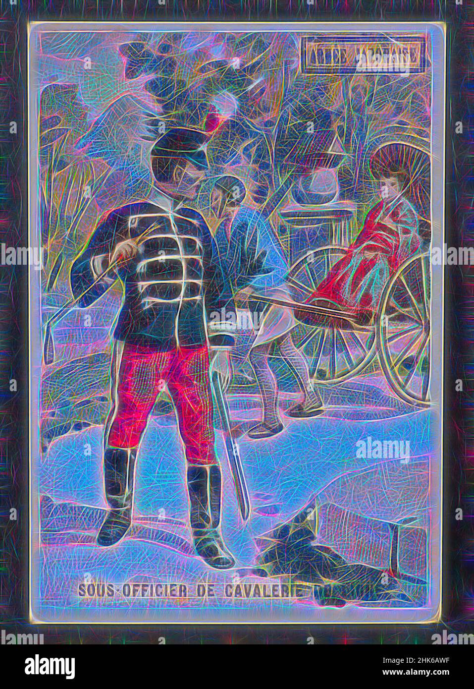 Inspiriert von Armée japonaise: Sous-officier de cavalerie de ligne, französisch, G. Black, ca. 1900, Handelskarte: Farblithographie und Tinte auf Karton, hergestellt in Frankreich, Europa, Drucke, Blatt: 3 15/16 x 2 3/4 cm (10 x 7 cm, neu erfunden von Artotop. Klassische Kunst neu erfunden mit einem modernen Twist. Design von warmen fröhlichen Leuchten der Helligkeit und Lichtstrahl Strahlkraft. Fotografie inspiriert von Surrealismus und Futurismus, umarmt dynamische Energie der modernen Technologie, Bewegung, Geschwindigkeit und Kultur zu revolutionieren Stockfoto