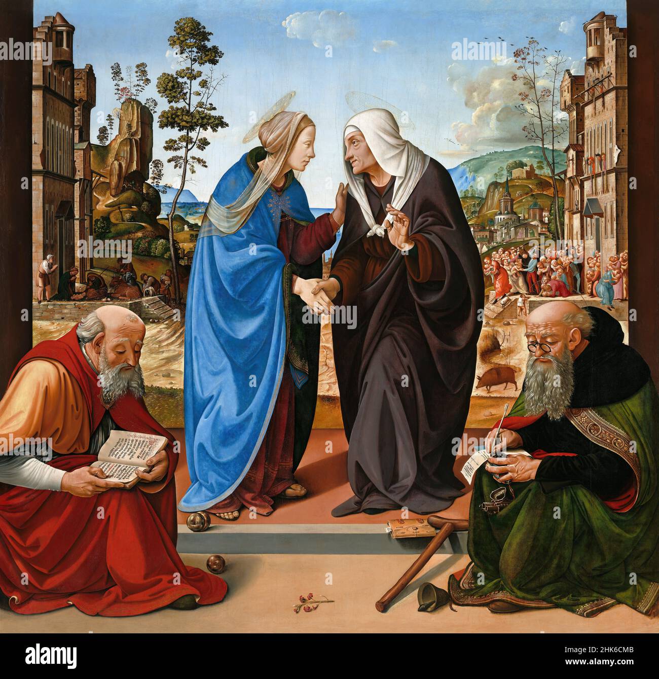 Die Heimsuchung mit dem heiligen Nikolaus und dem heiligen Antonius Abt des italienischen Renaissance-Malers Piero di Cosimo (1462-1522), Öl auf Tafel, c. 1489-90 Stockfoto