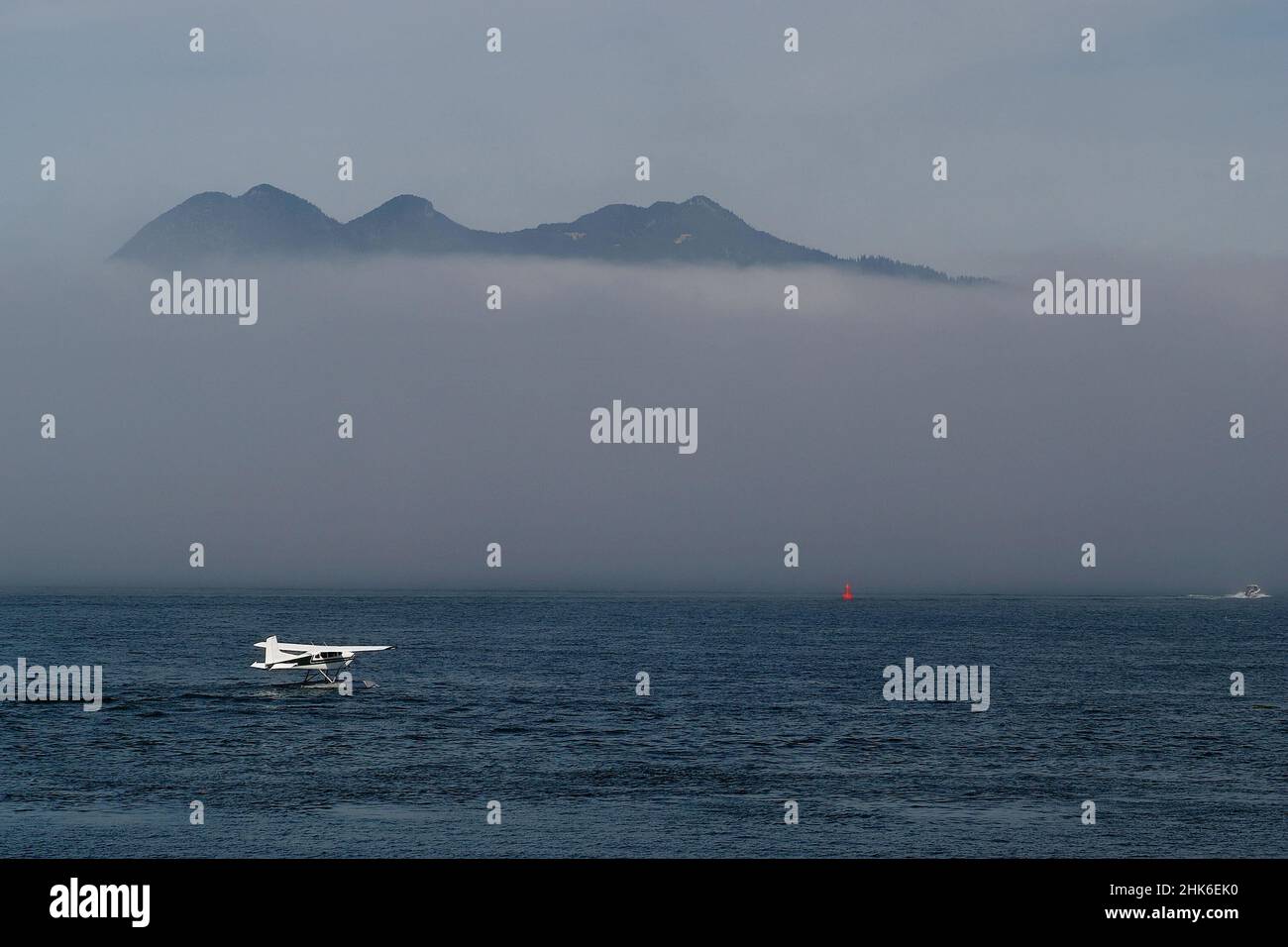 Ein Float-Flugzeug Taxis durch das Wasser in Tofino auf Vancouver Island in Kanada Stockfoto