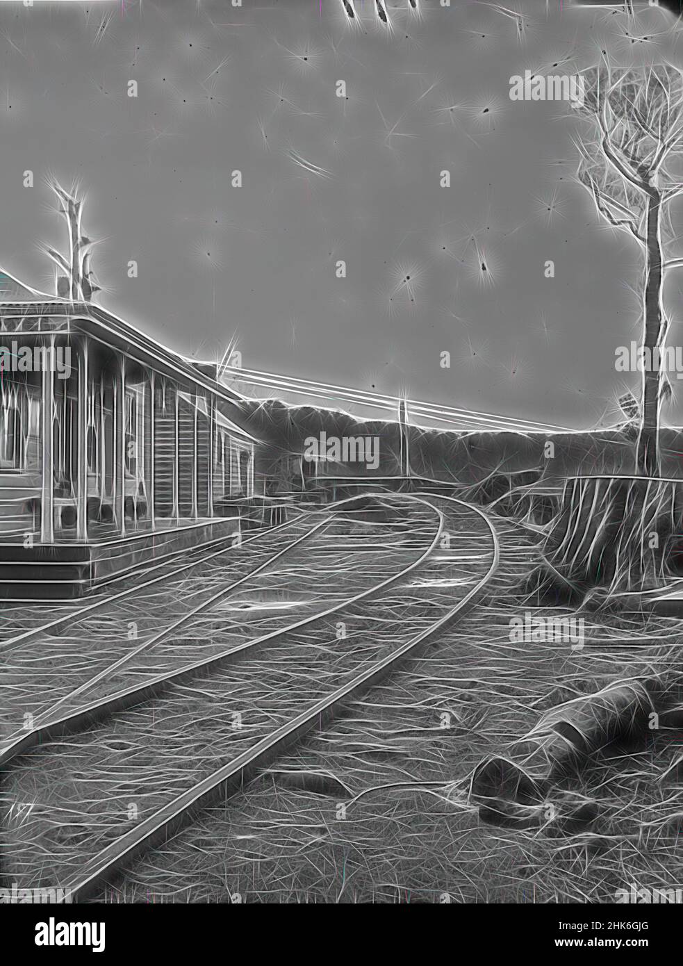 Inspiriert von Teremakau Wire Tram, Burton Brothers Studio, Fotostudio, Schwarz-Weiß-Fotografie, Reimagined by Artotop. Klassische Kunst neu erfunden mit einem modernen Twist. Design von warmen fröhlichen Leuchten der Helligkeit und Lichtstrahl Strahlkraft. Fotografie inspiriert von Surrealismus und Futurismus, umarmt dynamische Energie der modernen Technologie, Bewegung, Geschwindigkeit und Kultur zu revolutionieren Stockfoto