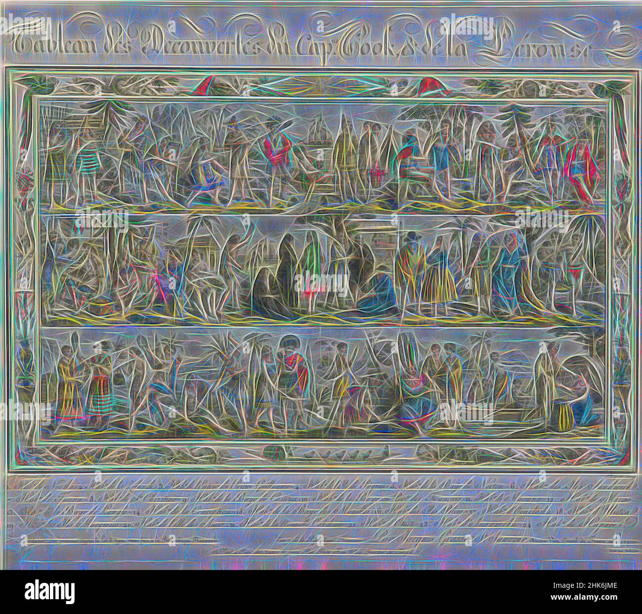 Inspiriert von Bild der Entdeckungen von Captain Cook und La Perouse., Jacques Saint-Sauveur, um 1796, Frankreich, Gravur, Jacques Grasset de Saint-Sauveur besuchte nie den Pazifik, sondern basierte seine Darstellungen auf Zeichnungen und Beschreibungen früherer Entdecker und Künstler, die von Artotop neu erfunden wurden. Klassische Kunst neu erfunden mit einem modernen Twist. Design von warmen fröhlichen Leuchten der Helligkeit und Lichtstrahl Strahlkraft. Fotografie inspiriert von Surrealismus und Futurismus, umarmt dynamische Energie der modernen Technologie, Bewegung, Geschwindigkeit und Kultur zu revolutionieren Stockfoto