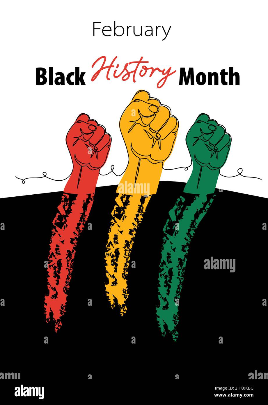 Black History Monat Vektor-Banner, Poster, Karte mit Fäusten. Eine fortlaufende Linie Kunst Zeichnung Illustration mit Händen, Armen Stock Vektor