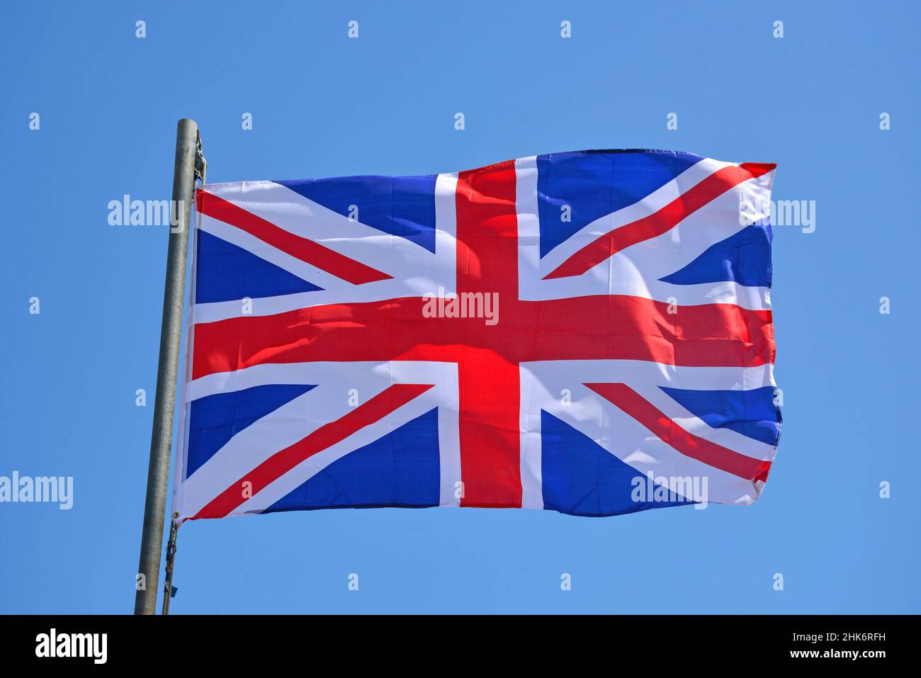 Union Jack-Flagge am Strand, Kapelle St. Leonards, Lincolnshire, England, Vereinigtes Königreich Stockfoto