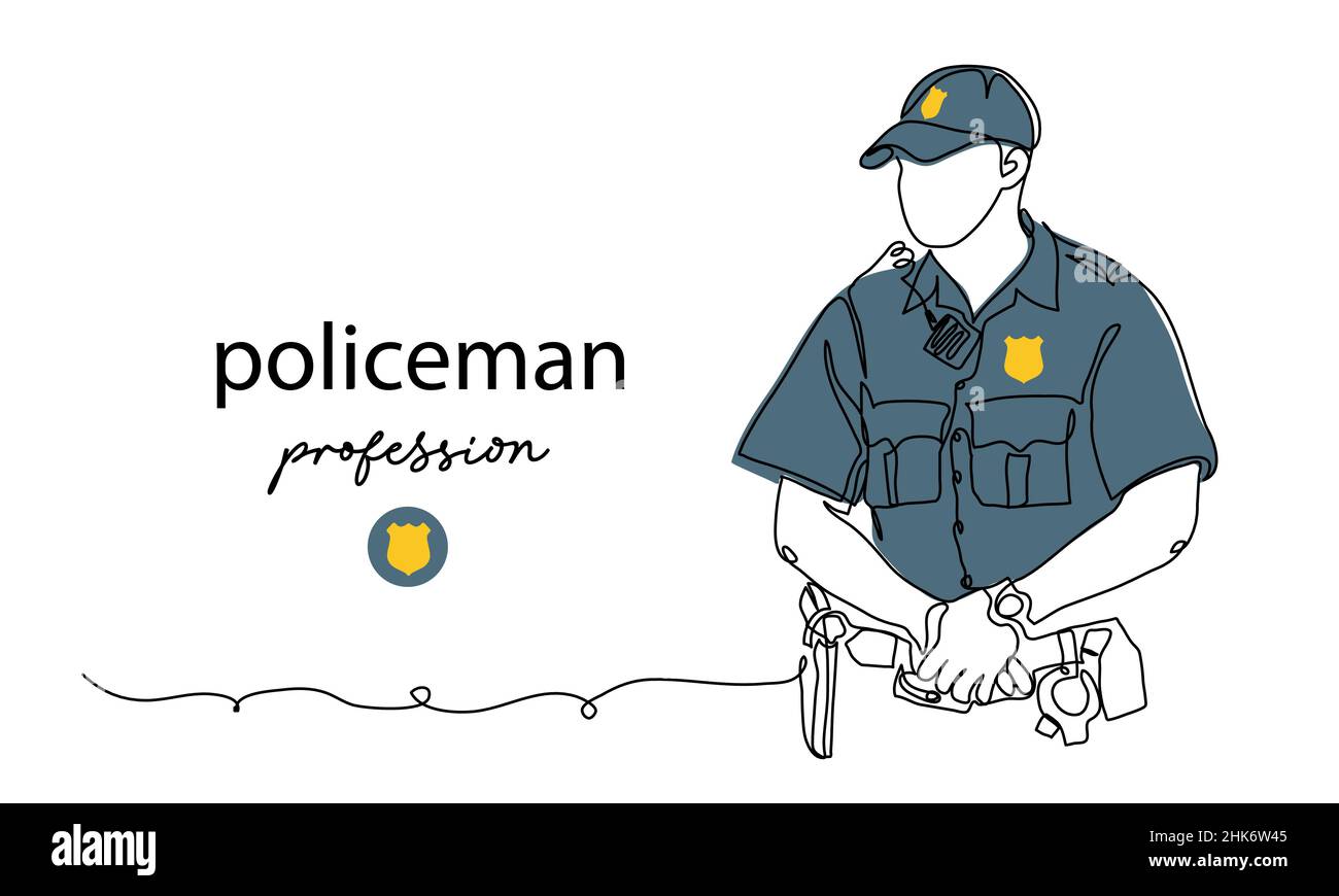 Polizist, Polizist. Mann in Uniform. Vektorhintergrund, Banner, Poster. Eine fortlaufende Linienkunst Zeichnung Illustration des Polizisten Stock Vektor