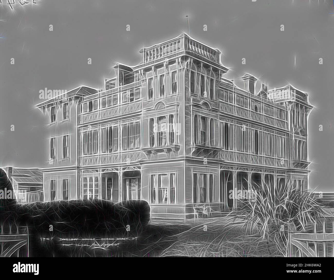 Inspiriert von Onslow House, Ocean Beach, Dunedin, Muir & Moodie Studio, Fotostudio, um 1905, Dunedin, Gelatine Dry Plate Process, Reimagined by Artotop. Klassische Kunst neu erfunden mit einem modernen Twist. Design von warmen fröhlichen Leuchten der Helligkeit und Lichtstrahl Strahlkraft. Fotografie inspiriert von Surrealismus und Futurismus, umarmt dynamische Energie der modernen Technologie, Bewegung, Geschwindigkeit und Kultur zu revolutionieren Stockfoto