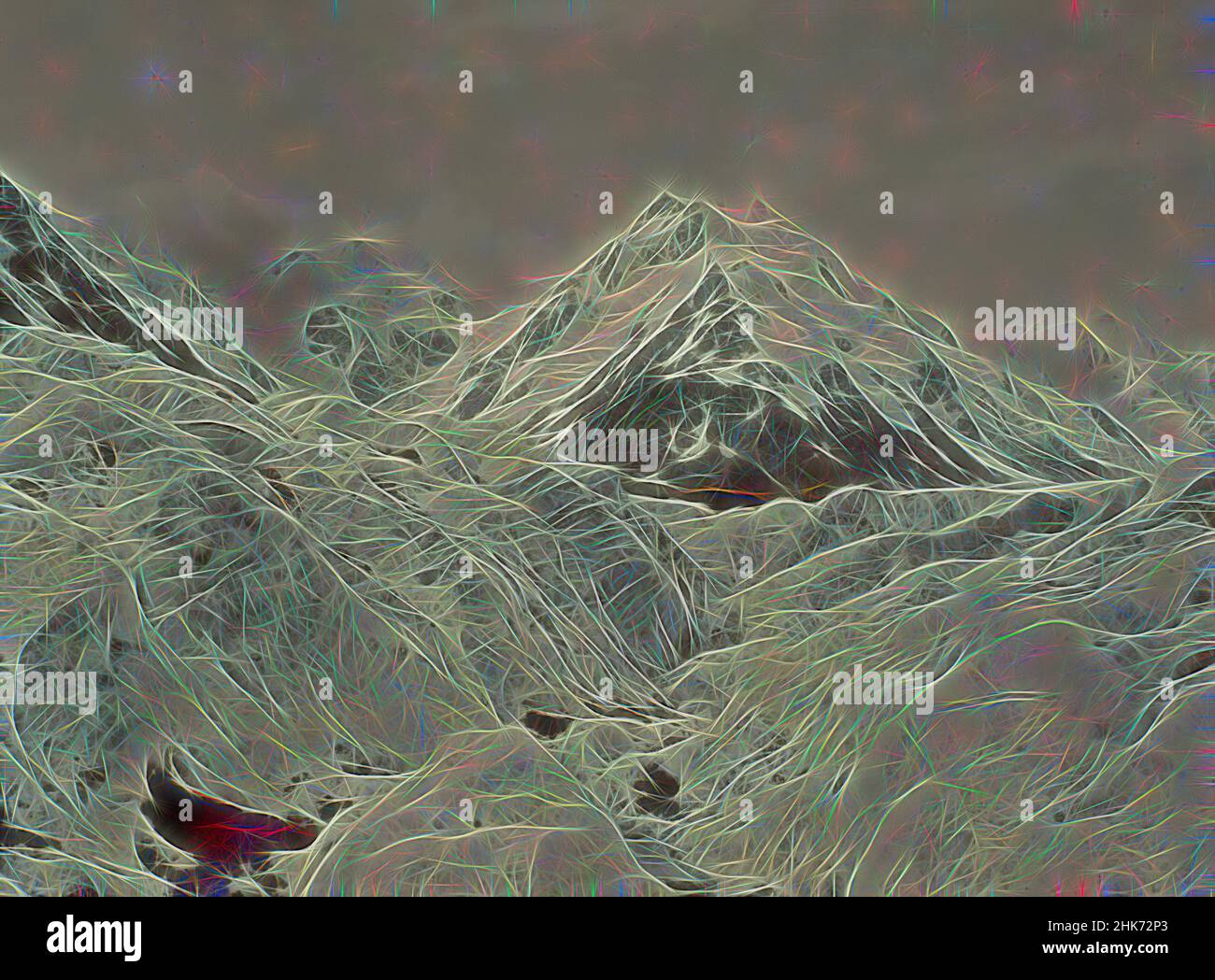 Inspiriert von Mount De La Beche vom Tasman Glacier, Burton Brothers Studio, Fotostudio, 1893, Dunedin, Schwarz-Weiß-Fotografie, dieser Essay erschien ursprünglich in New Zealand Art at Te Papa (Te Papa Press, 2018, Reimagined by Artotop. Klassische Kunst neu erfunden mit einem modernen Twist. Design von warmen fröhlichen Leuchten der Helligkeit und Lichtstrahl Strahlkraft. Fotografie inspiriert von Surrealismus und Futurismus, umarmt dynamische Energie der modernen Technologie, Bewegung, Geschwindigkeit und Kultur zu revolutionieren Stockfoto