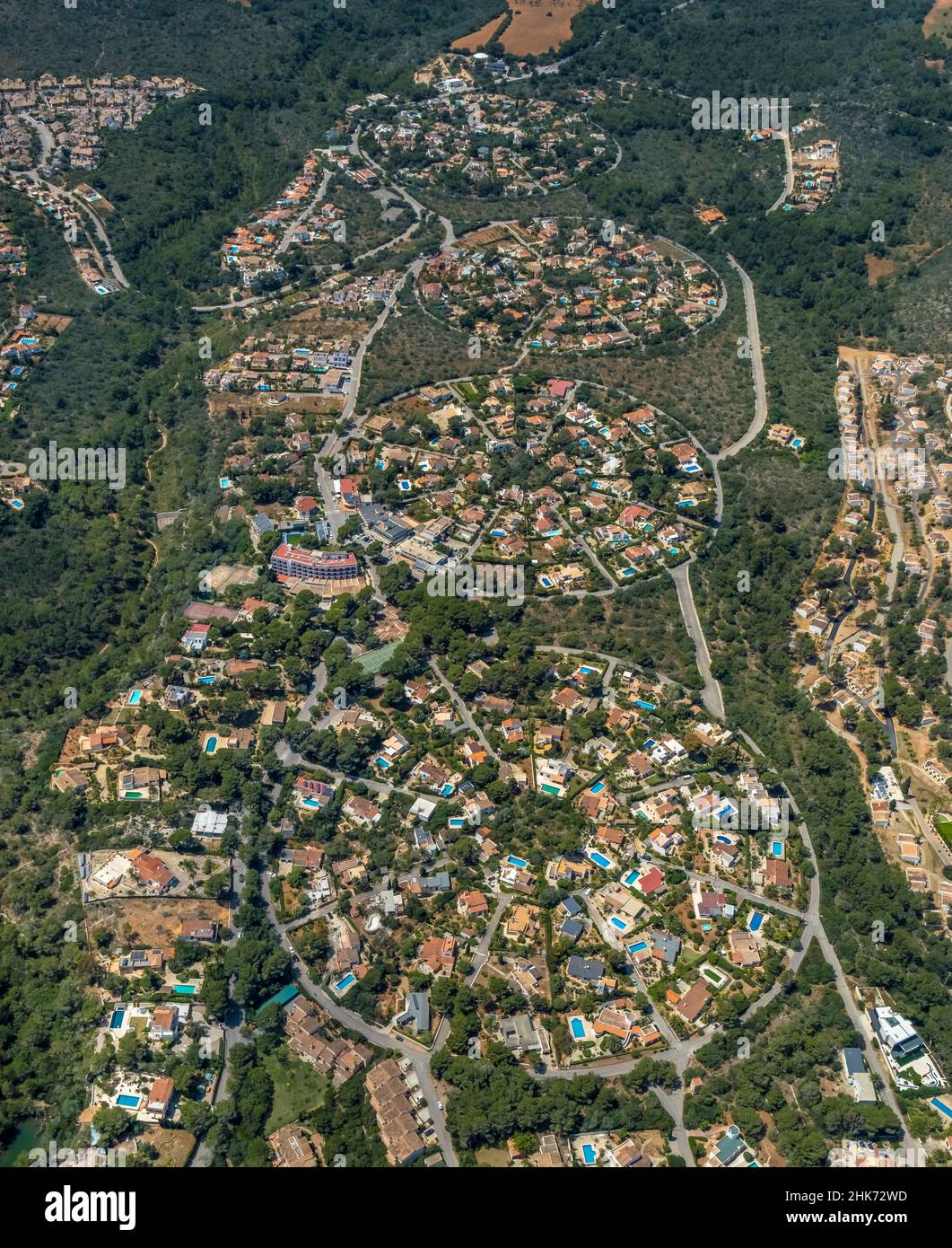 Luftbild, kreisförmige Ferienhausanlage Cala Murada, Cales de Mallorca, Manacor, Balearen, Mallorca, Balearen, Spanien, es, Europa, h Stockfoto