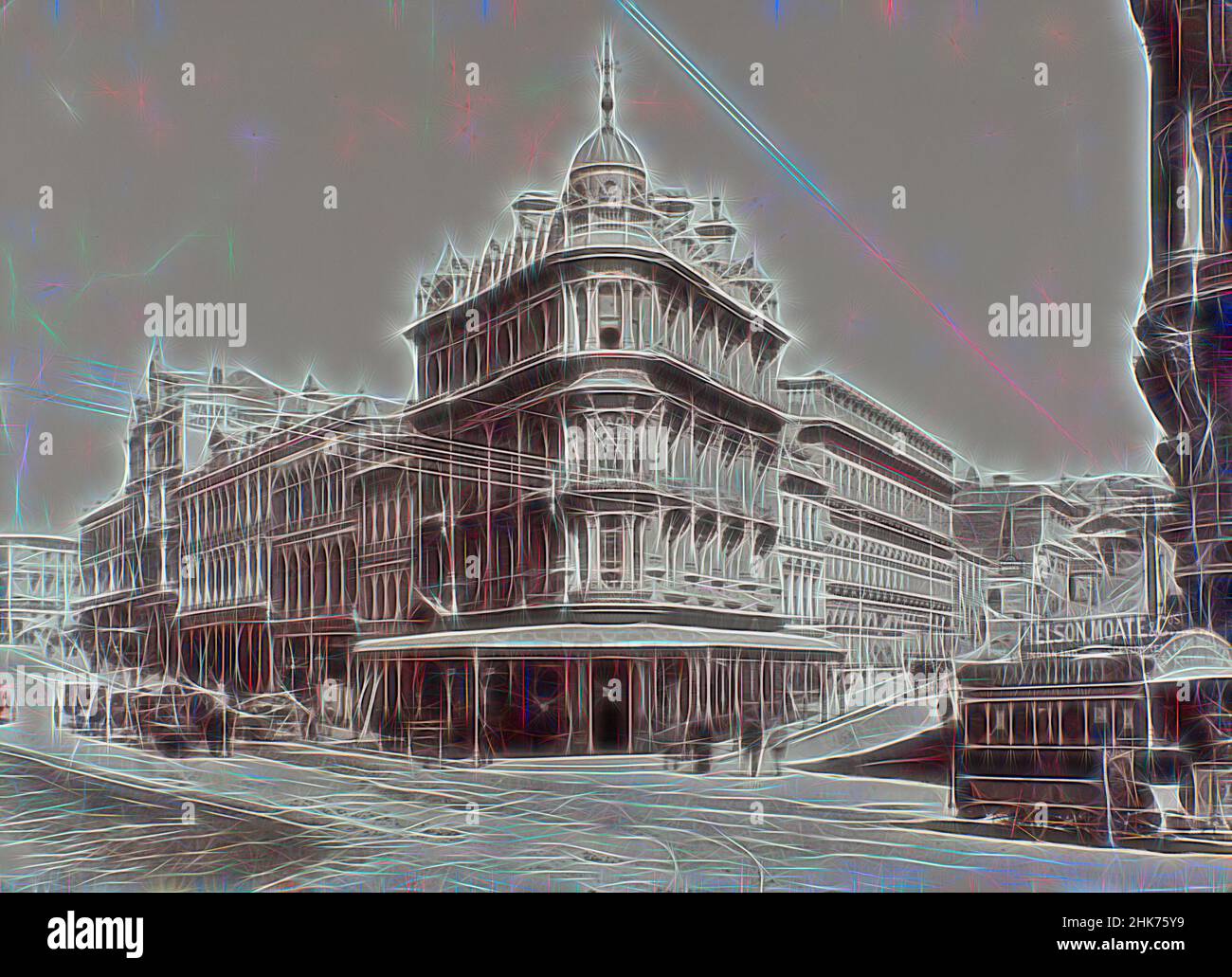 Inspiriert von Princes Street, Dunedin, Burton Brothers Studio, Fotograf, 1895, Dunedin, Schwarz-Weiß-Fotografie, Reimagined by Artotop. Klassische Kunst neu erfunden mit einem modernen Twist. Design von warmen fröhlichen Leuchten der Helligkeit und Lichtstrahl Strahlkraft. Fotografie inspiriert von Surrealismus und Futurismus, umarmt dynamische Energie der modernen Technologie, Bewegung, Geschwindigkeit und Kultur zu revolutionieren Stockfoto