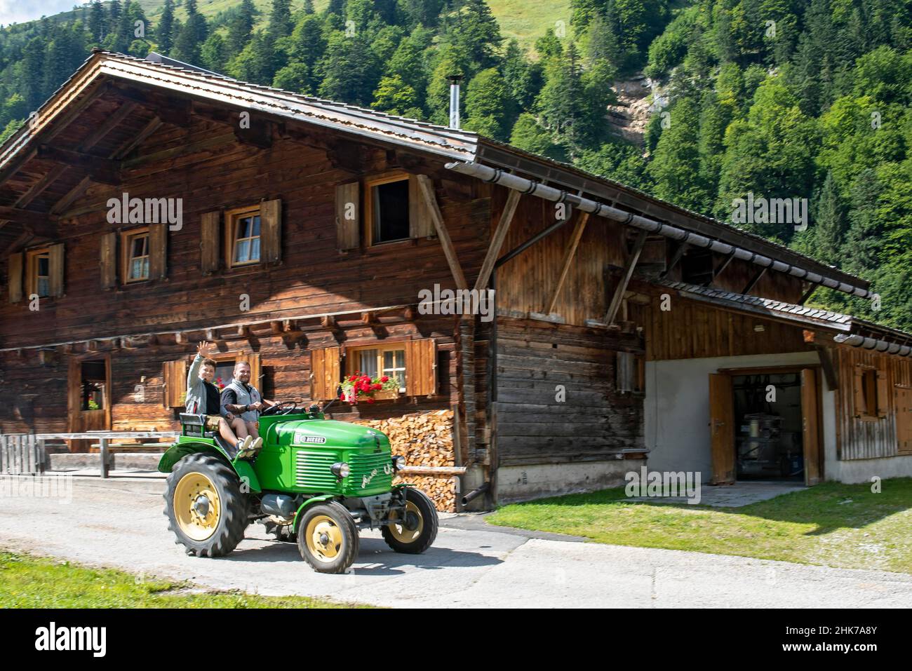 Oldtimer-Traktor am Kirtag in Almdorf eng, Hinterriss, Tirol, Österreich Stockfoto