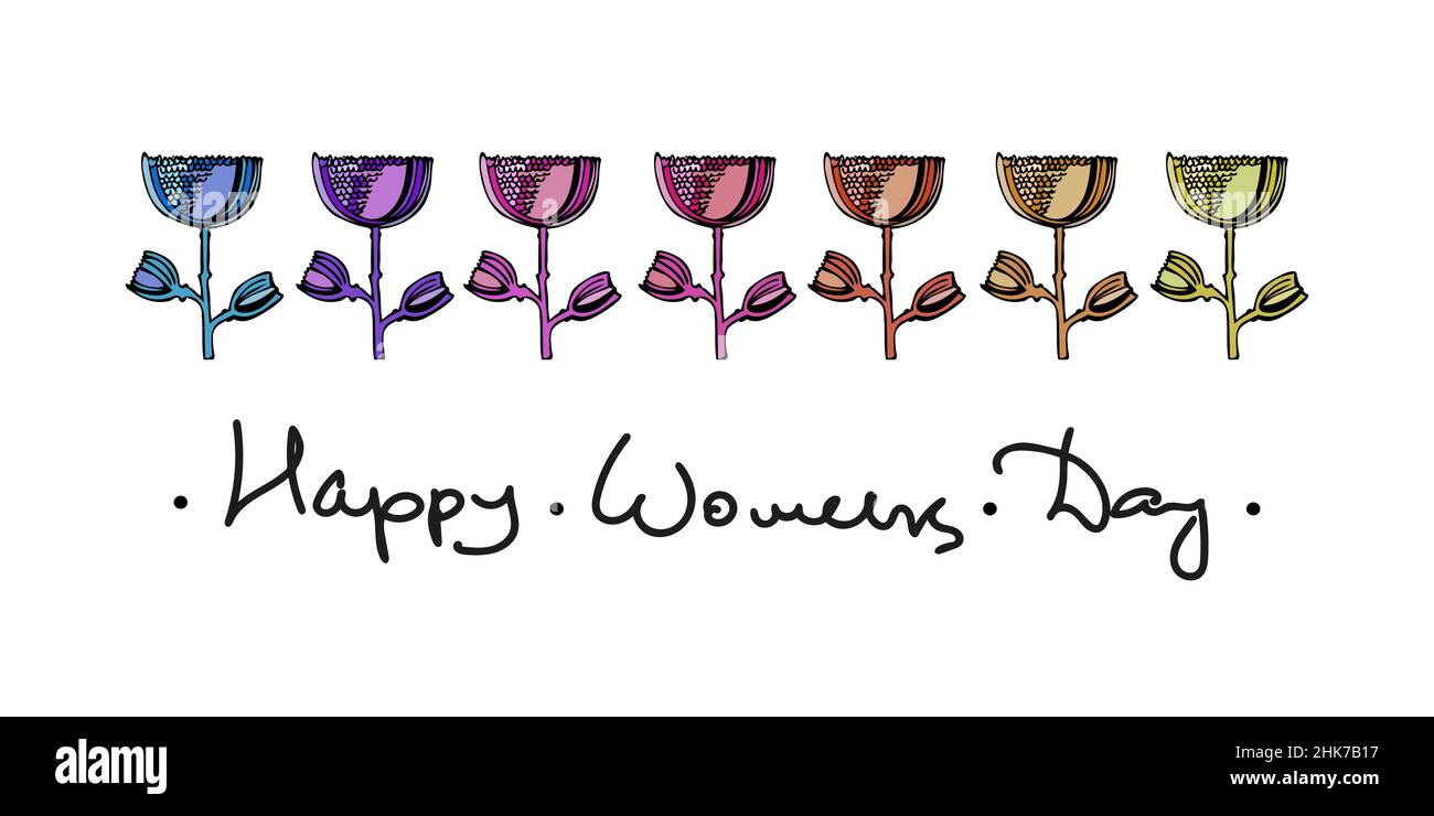 Postkarte zum Womens Day mit bunten Blumen und gratulierenden Schriftzügen. Vektorgrafik. Stock Vektor