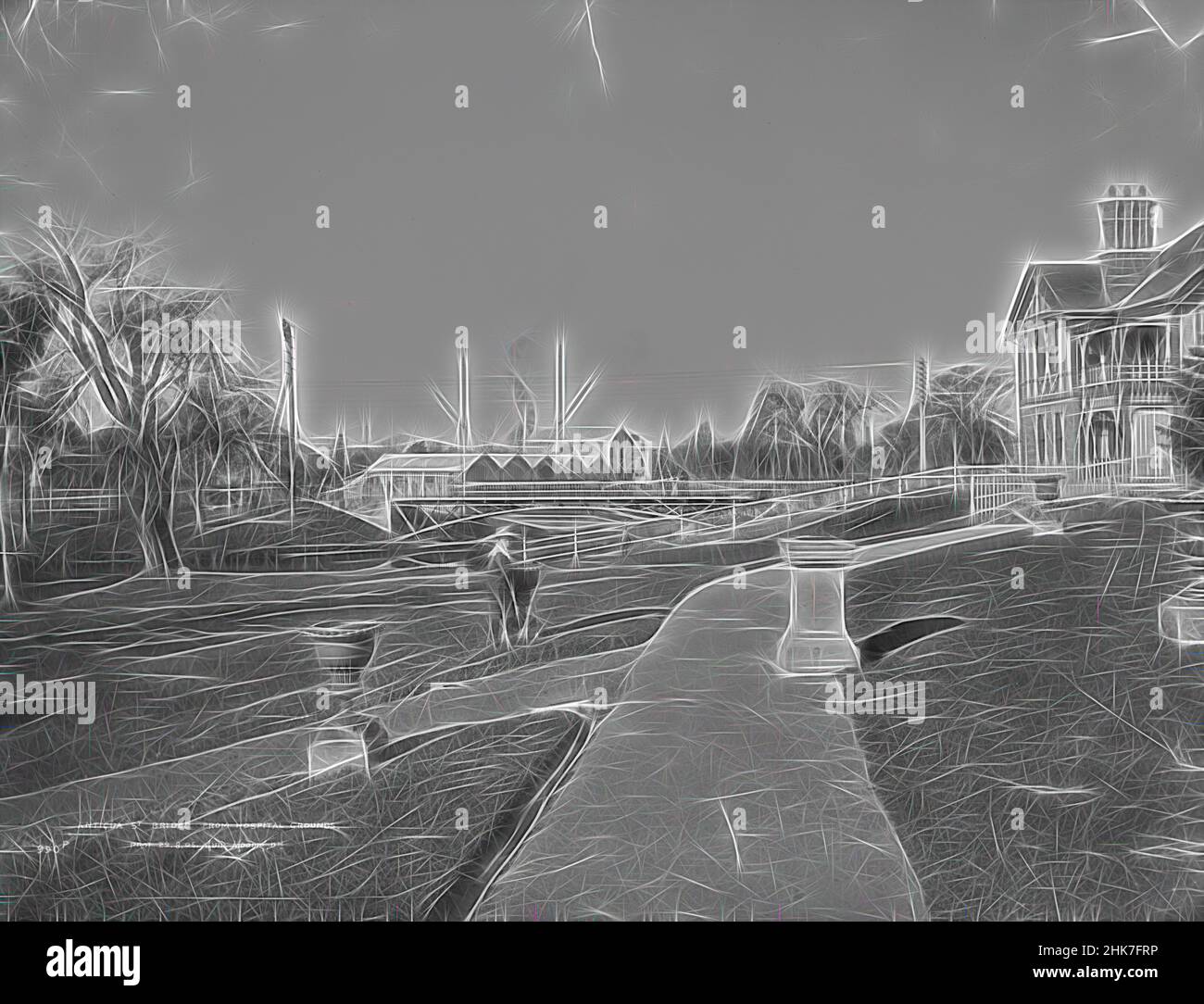 Inspiriert von der Antigua Street Bridge, vom Hospital Grounds, dem Muir & Moodie Studio, dem Fotostudio, um 1905, Neuseeland, Gelatine Dry Plate Process, Reimagined by Artotop. Klassische Kunst neu erfunden mit einem modernen Twist. Design von warmen fröhlichen Leuchten der Helligkeit und Lichtstrahl Strahlkraft. Fotografie inspiriert von Surrealismus und Futurismus, umarmt dynamische Energie der modernen Technologie, Bewegung, Geschwindigkeit und Kultur zu revolutionieren Stockfoto