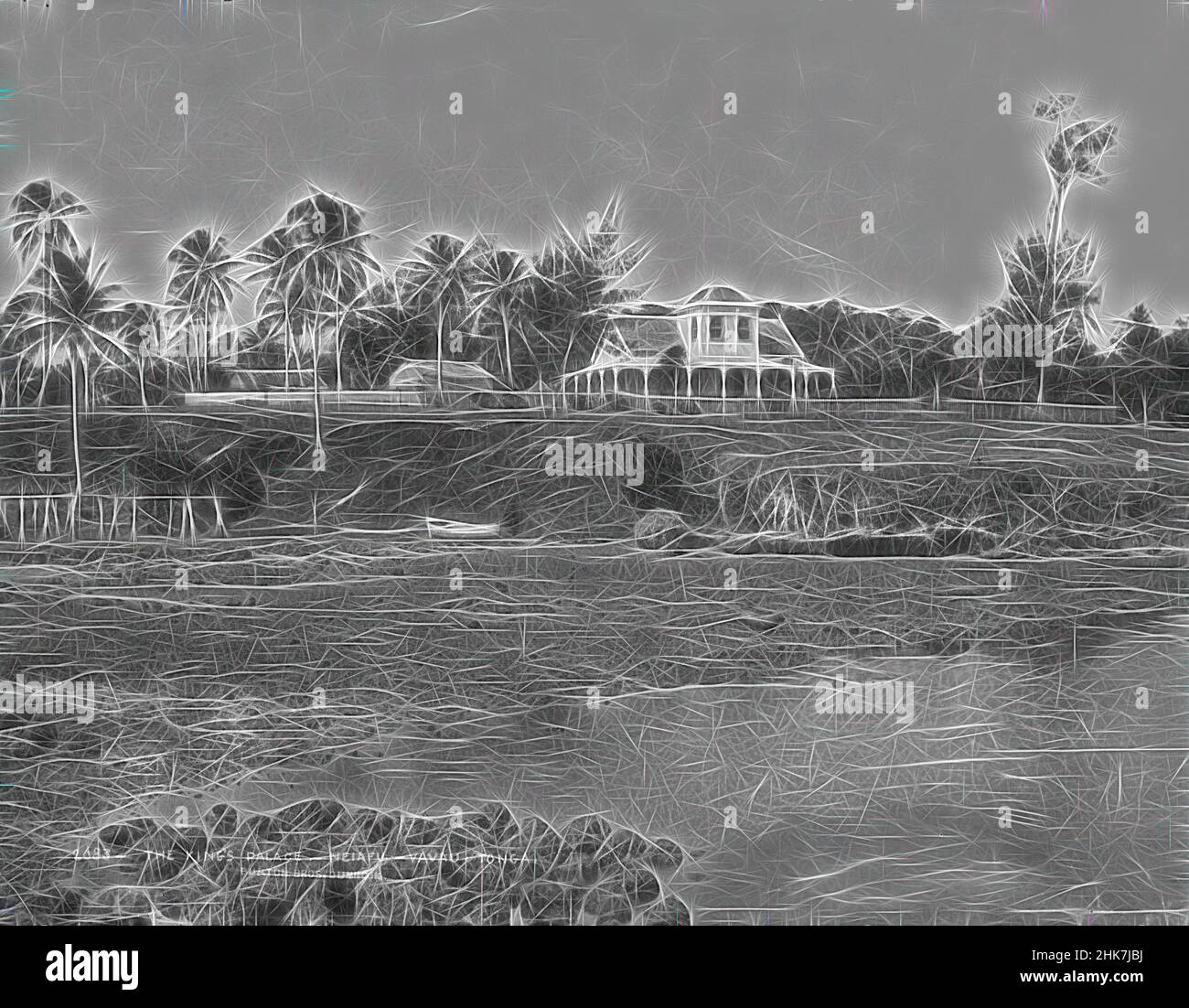 Inspiriert vom King's Palace, Neiafu, Vavau, Tonga, Burton Brothers Studio, Fotostudio, Juli 1884, Neuseeland, Schwarz-Weiß-Fotografie, Felsenvorland im Vordergrund, mit Ebbe und Ruderboot am unteren Rand des Bankenzentrums. Hill Above hat ein zweistöckiges Kolonialgebäude mit Veranda auf dem Boden, neu gestaltet von Artotop. Klassische Kunst neu erfunden mit einem modernen Twist. Design von warmen fröhlichen Leuchten der Helligkeit und Lichtstrahl Strahlkraft. Fotografie inspiriert von Surrealismus und Futurismus, umarmt dynamische Energie der modernen Technologie, Bewegung, Geschwindigkeit und Kultur zu revolutionieren Stockfoto
