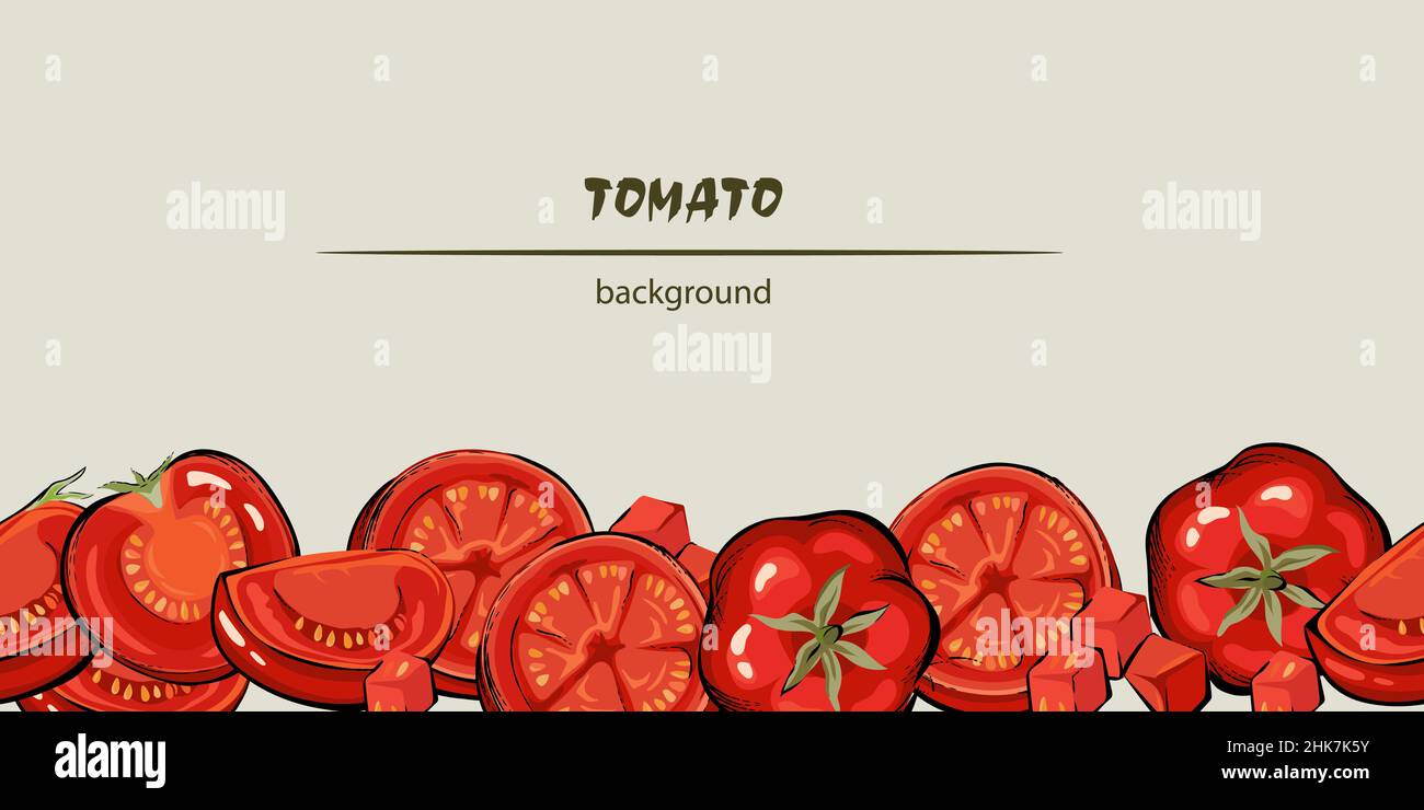Tomate nahtloser Hintergrund oder Rahmen, handgezeichnete Vektorgrafik isoliert. Stock Vektor