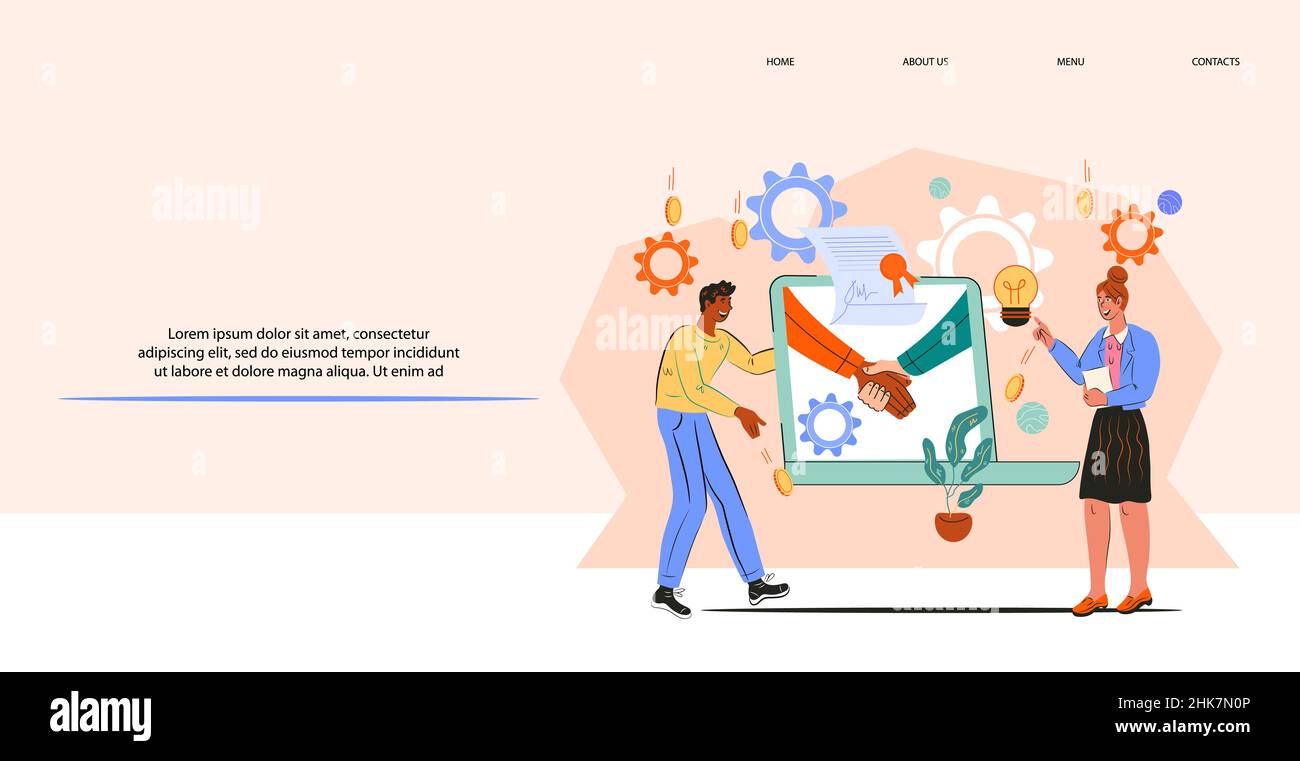 Online Abschluss der Transaktion, Vertragsunterzeichnung Website Banner. Stock Vektor