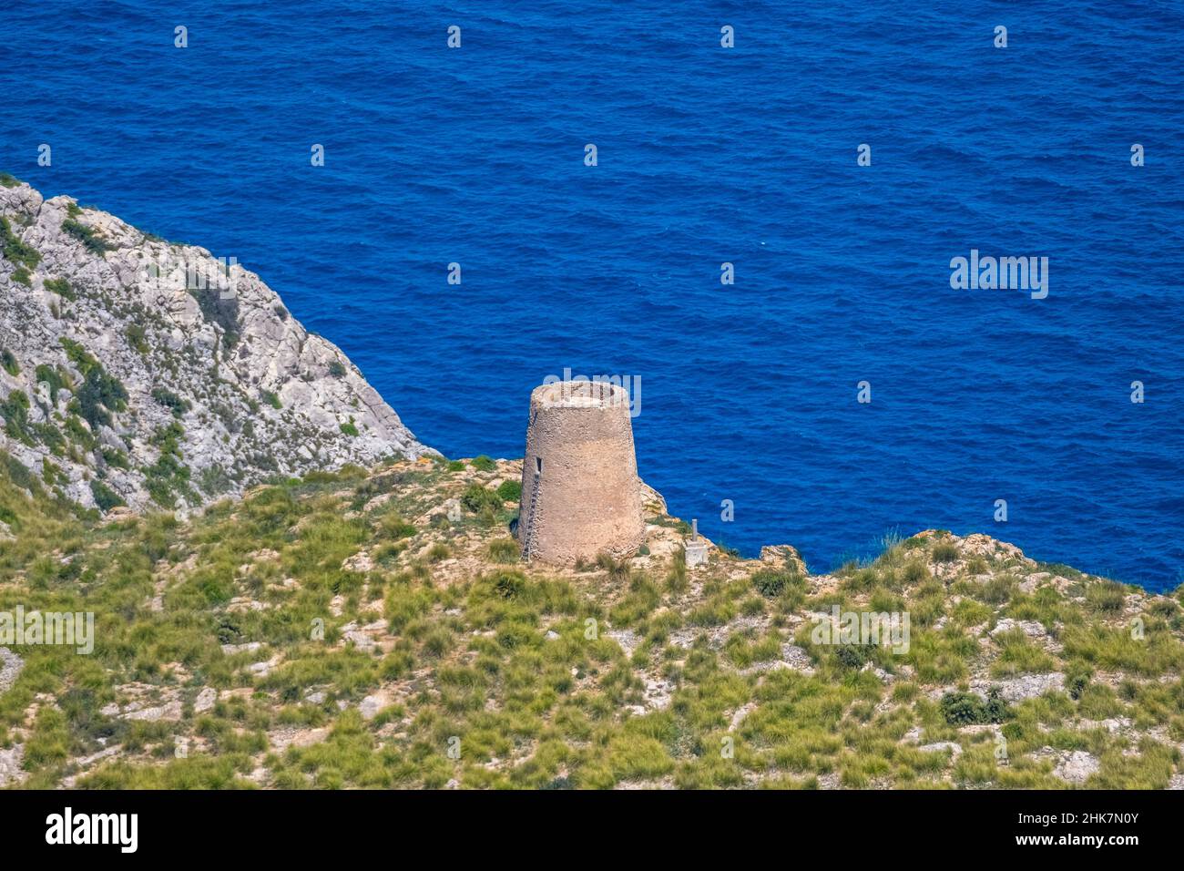 Luftaufnahme, Aussichtstürme von Talaies am Cap Farrutx, Artà, Mallorca, Balearen, Balearen, Spanien, es, Europa, Luftaufnahmen, aer Stockfoto