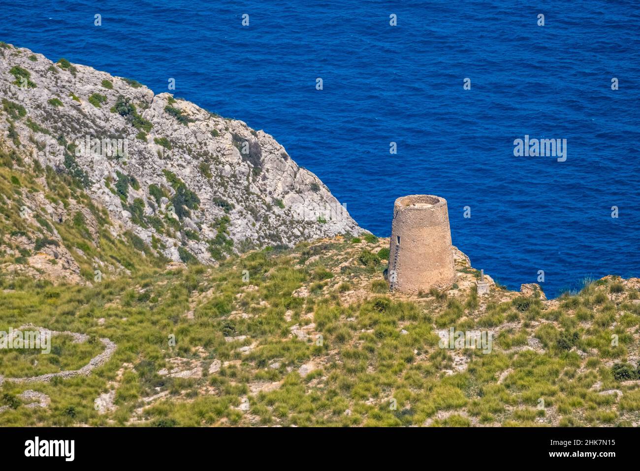 Luftaufnahme, Aussichtstürme von Talaies am Cap Farrutx, Artà, Mallorca, Balearen, Balearen, Spanien, es, Europa, Luftaufnahmen, aer Stockfoto