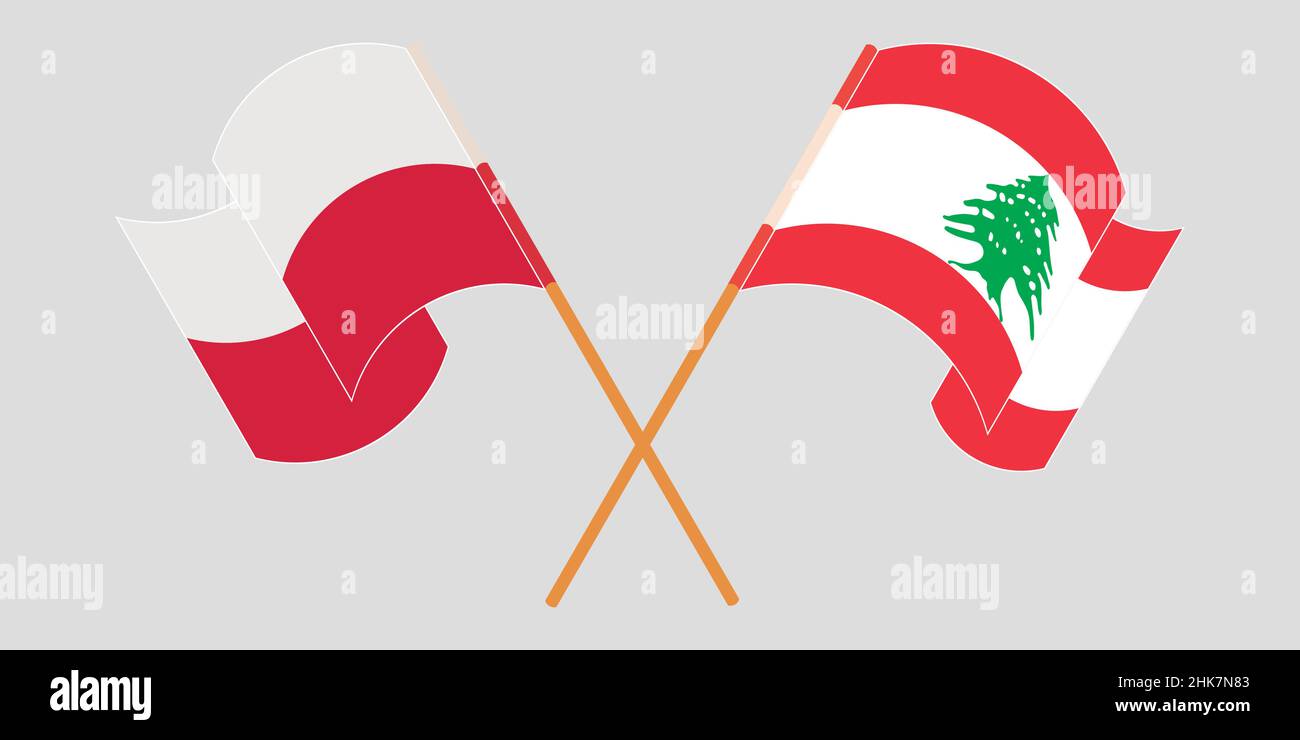 Gekreuzte und winkende Flaggen des Libanon und Polens. Vektorgrafik Stock Vektor