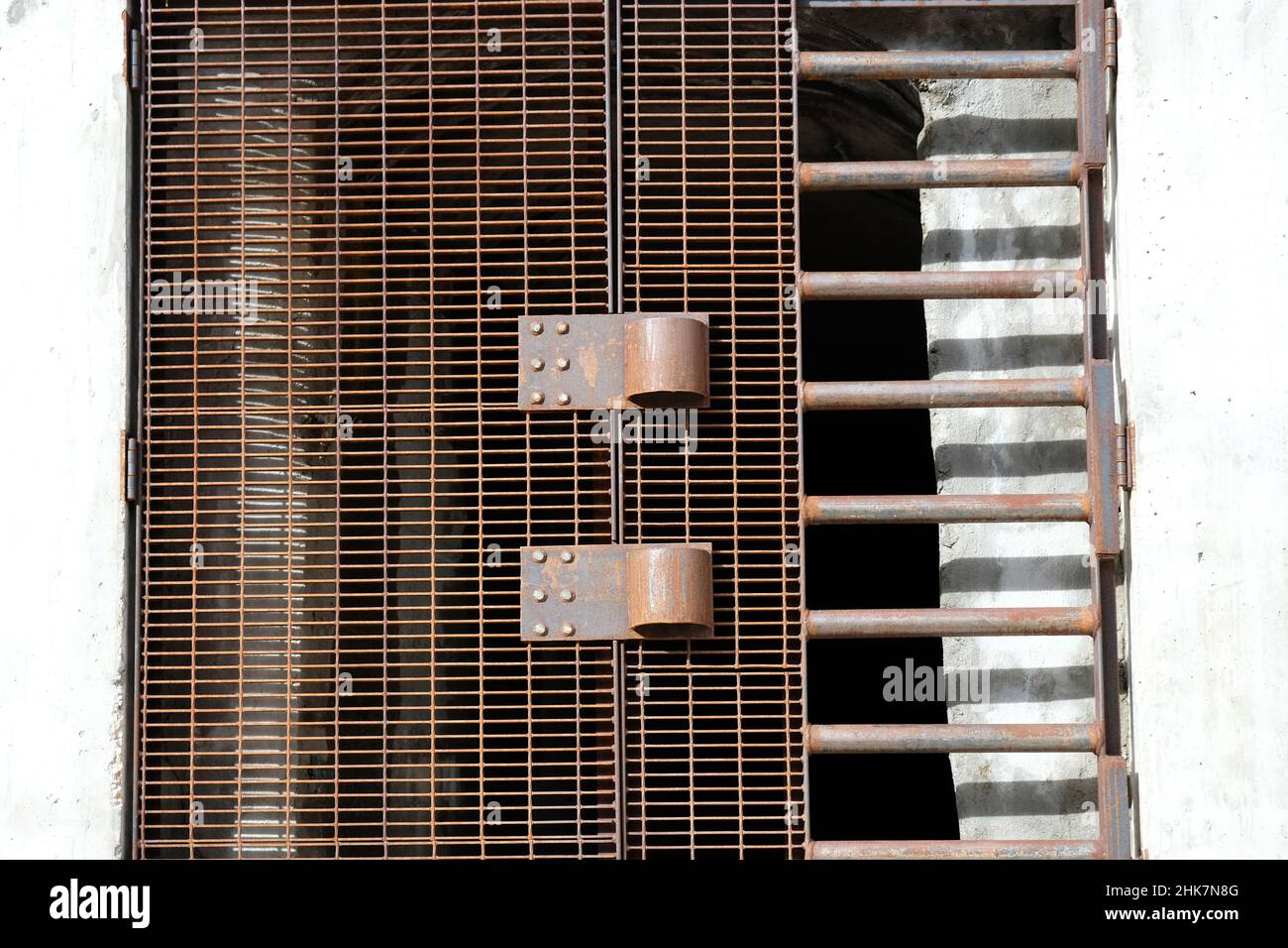 Große Tür aus Metall, Durchgang in eine Bergseite. Es gibt zwei große verriegelte Griffe. Feiner Rasterbildschirm und große Balken. Weißer Betonrahmen. Stockfoto