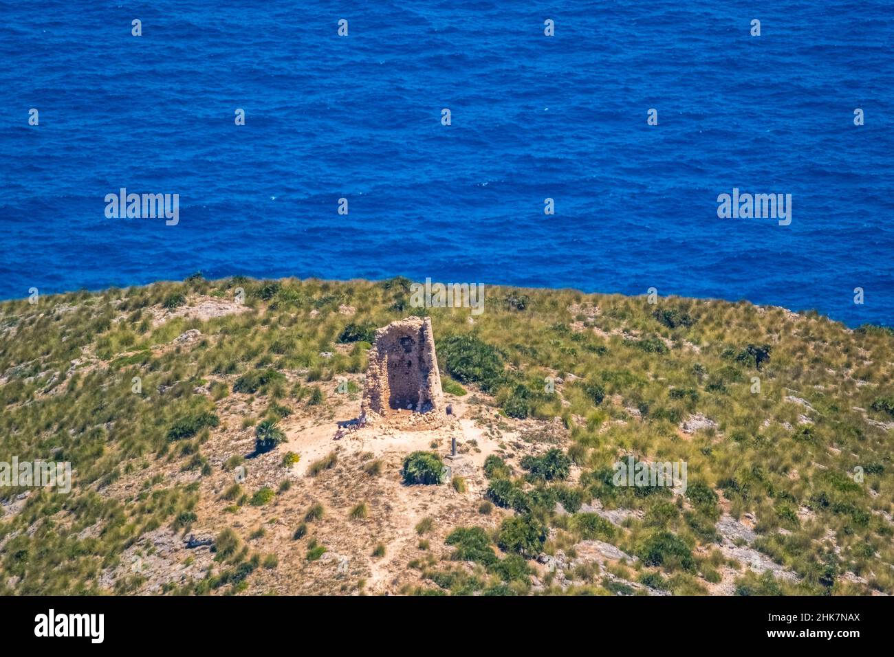 Luftaufnahme, Aussichtstürme von Talaies am Cap Farrutx, Artà, Mallorca, Balearen, Balearen, Spanien, Capdepera, es, Europa, Luftaufnahme Stockfoto