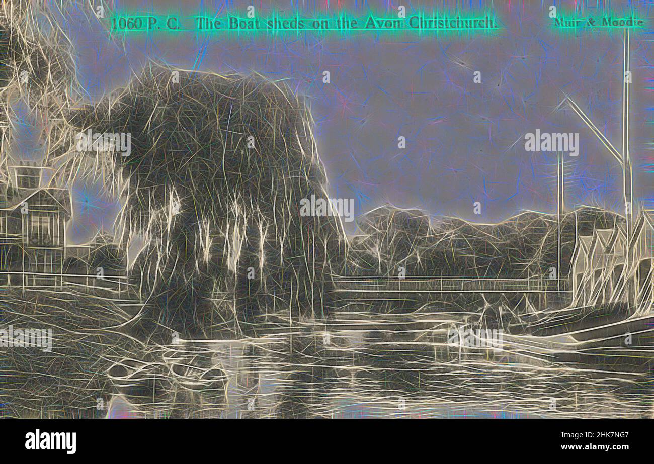 Inspiriert von den Boat Sheds on the Avon, Christchurch, Muir & Moodie Studio, 1906, Christchurch, Reimagined by Artotop. Klassische Kunst neu erfunden mit einem modernen Twist. Design von warmen fröhlichen Leuchten der Helligkeit und Lichtstrahl Strahlkraft. Fotografie inspiriert von Surrealismus und Futurismus, umarmt dynamische Energie der modernen Technologie, Bewegung, Geschwindigkeit und Kultur zu revolutionieren Stockfoto