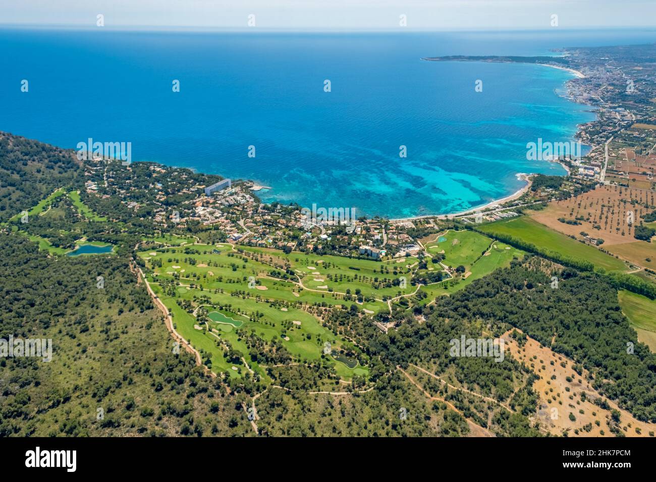Luftaufnahme, Costa dels Pins Bay und Resort, Golfplatz, Son Servera, Europa, Mallorca, Balearen, Spanien, Balearen, Capdepera, es, Hol Stockfoto