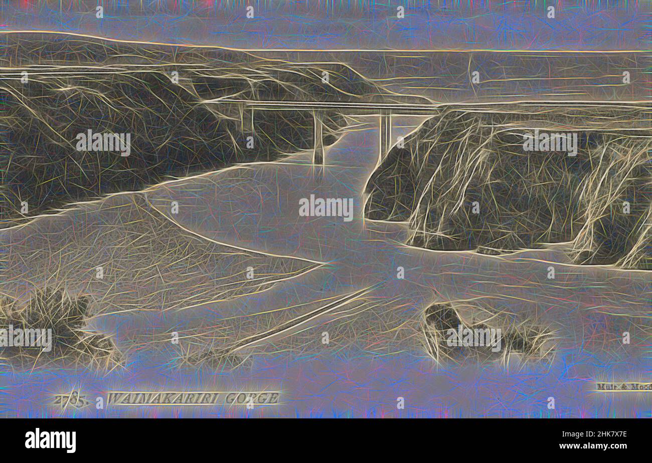 Inspiriert von Waimakariri Gorge, Muir & Moodie Studio, 1904-1915, Waimakariri, Reimagined by Artotop. Klassische Kunst neu erfunden mit einem modernen Twist. Design von warmen fröhlichen Leuchten der Helligkeit und Lichtstrahl Strahlkraft. Fotografie inspiriert von Surrealismus und Futurismus, umarmt dynamische Energie der modernen Technologie, Bewegung, Geschwindigkeit und Kultur zu revolutionieren Stockfoto