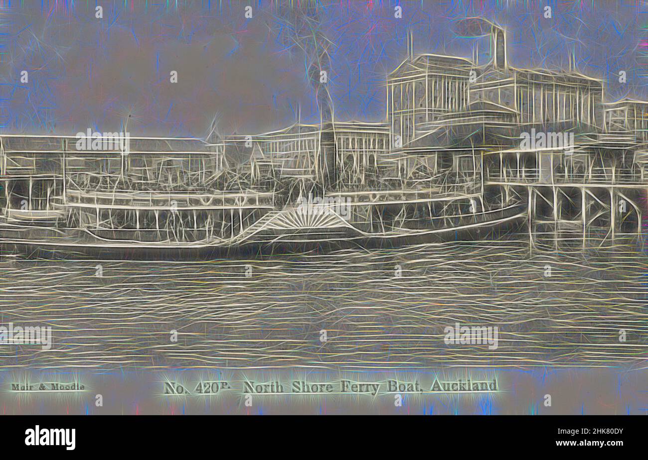 Inspiriert von North Shore Ferry Boat, Auckland, Muir & Moodie Studio, 1905, Auckland, Reimagined by Artotop. Klassische Kunst neu erfunden mit einem modernen Twist. Design von warmen fröhlichen Leuchten der Helligkeit und Lichtstrahl Strahlkraft. Fotografie inspiriert von Surrealismus und Futurismus, umarmt dynamische Energie der modernen Technologie, Bewegung, Geschwindigkeit und Kultur zu revolutionieren Stockfoto