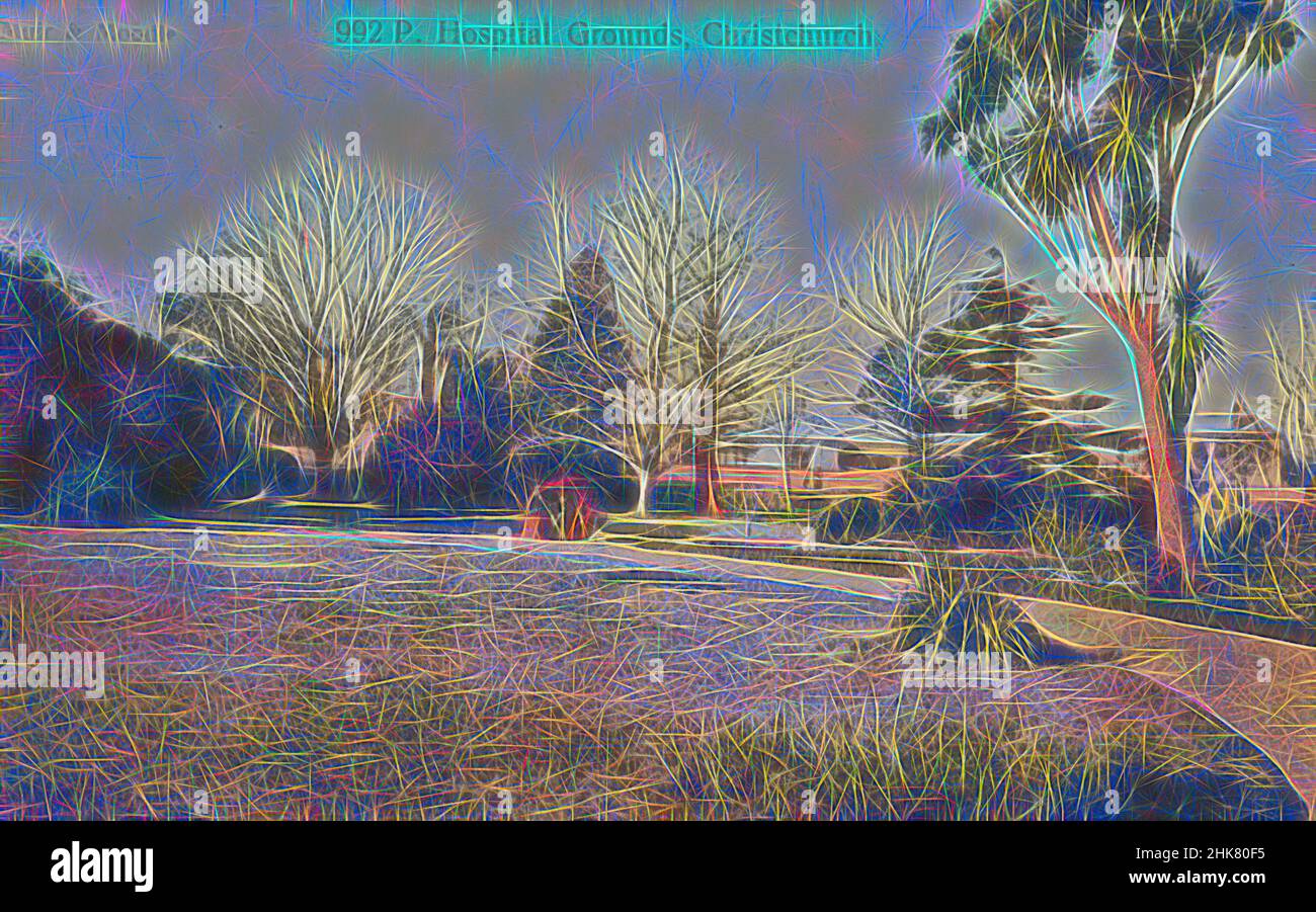 Inspiriert von Hospital Grounds, Christchurch, Muir & Moodie Studio, 1905, Christchurch, Reimagined by Artotop. Klassische Kunst neu erfunden mit einem modernen Twist. Design von warmen fröhlichen Leuchten der Helligkeit und Lichtstrahl Strahlkraft. Fotografie inspiriert von Surrealismus und Futurismus, umarmt dynamische Energie der modernen Technologie, Bewegung, Geschwindigkeit und Kultur zu revolutionieren Stockfoto