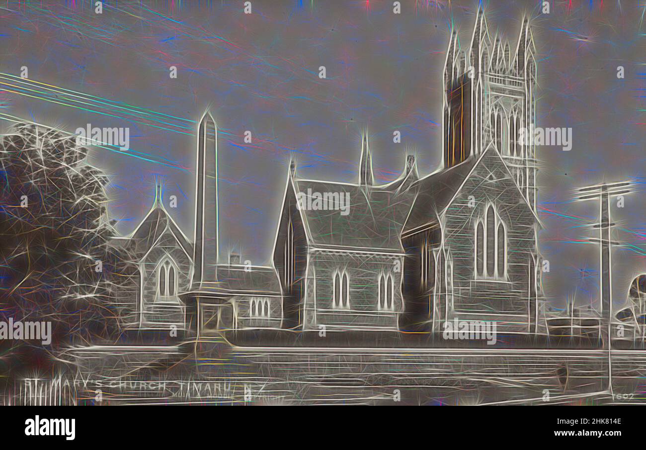 Inspiriert von St Mary's Church, Timaru, Neuseeland, Muir & Moodie Studio, 1912, Timaru, Reimagined by Artotop. Klassische Kunst neu erfunden mit einem modernen Twist. Design von warmen fröhlichen Leuchten der Helligkeit und Lichtstrahl Strahlkraft. Fotografie inspiriert von Surrealismus und Futurismus, umarmt dynamische Energie der modernen Technologie, Bewegung, Geschwindigkeit und Kultur zu revolutionieren Stockfoto