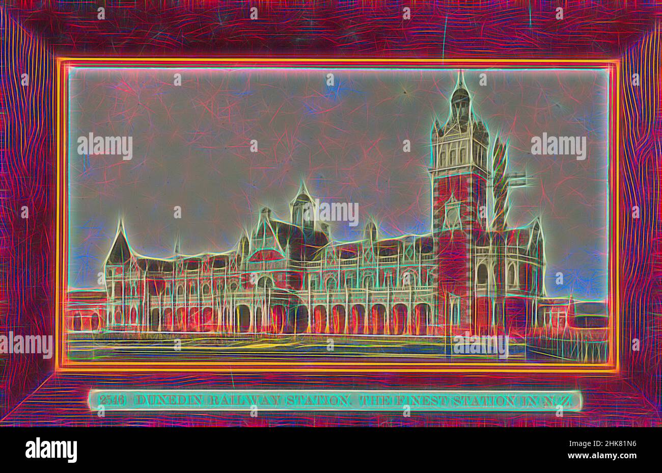 Inspiriert von Dunedin Railway Station, Muir & Moodie Studio, 1906, Dunedin, Reimagined by Artotop. Klassische Kunst neu erfunden mit einem modernen Twist. Design von warmen fröhlichen Leuchten der Helligkeit und Lichtstrahl Strahlkraft. Fotografie inspiriert von Surrealismus und Futurismus, umarmt dynamische Energie der modernen Technologie, Bewegung, Geschwindigkeit und Kultur zu revolutionieren Stockfoto